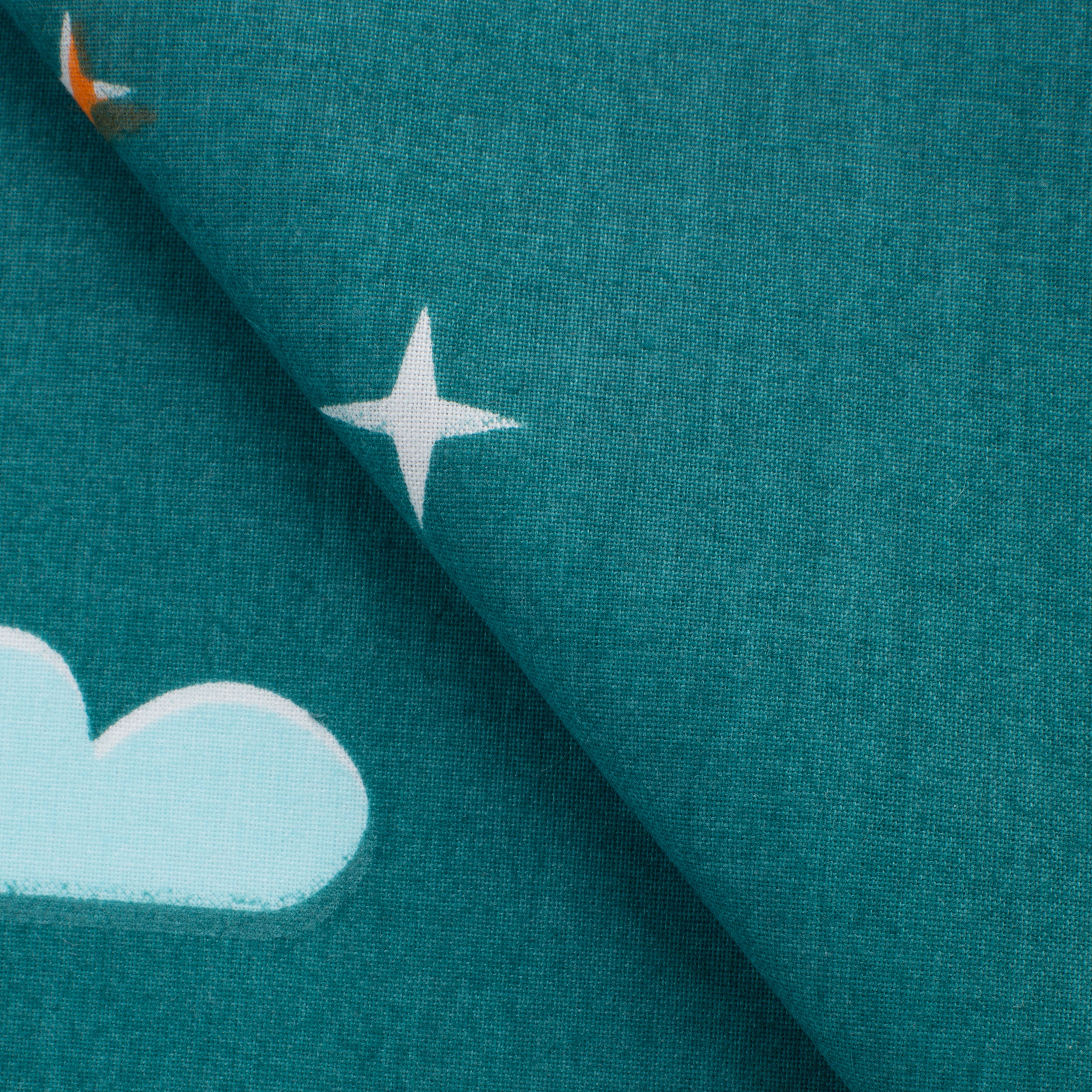 PRINTED COTTON POPLIN FABRIC - STARS AND CLOUDS ON TURQUOISE BACKGROUND - 125 GSM
