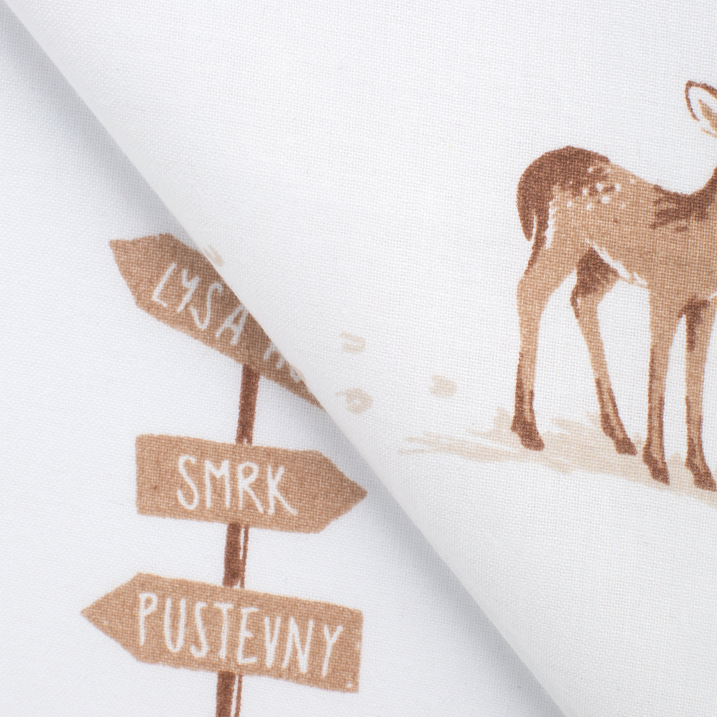 PRINTED COTTON POPLIN FABRIC - FAWN AND FOREST SIGNPOSTS PRINT - 125 GSM