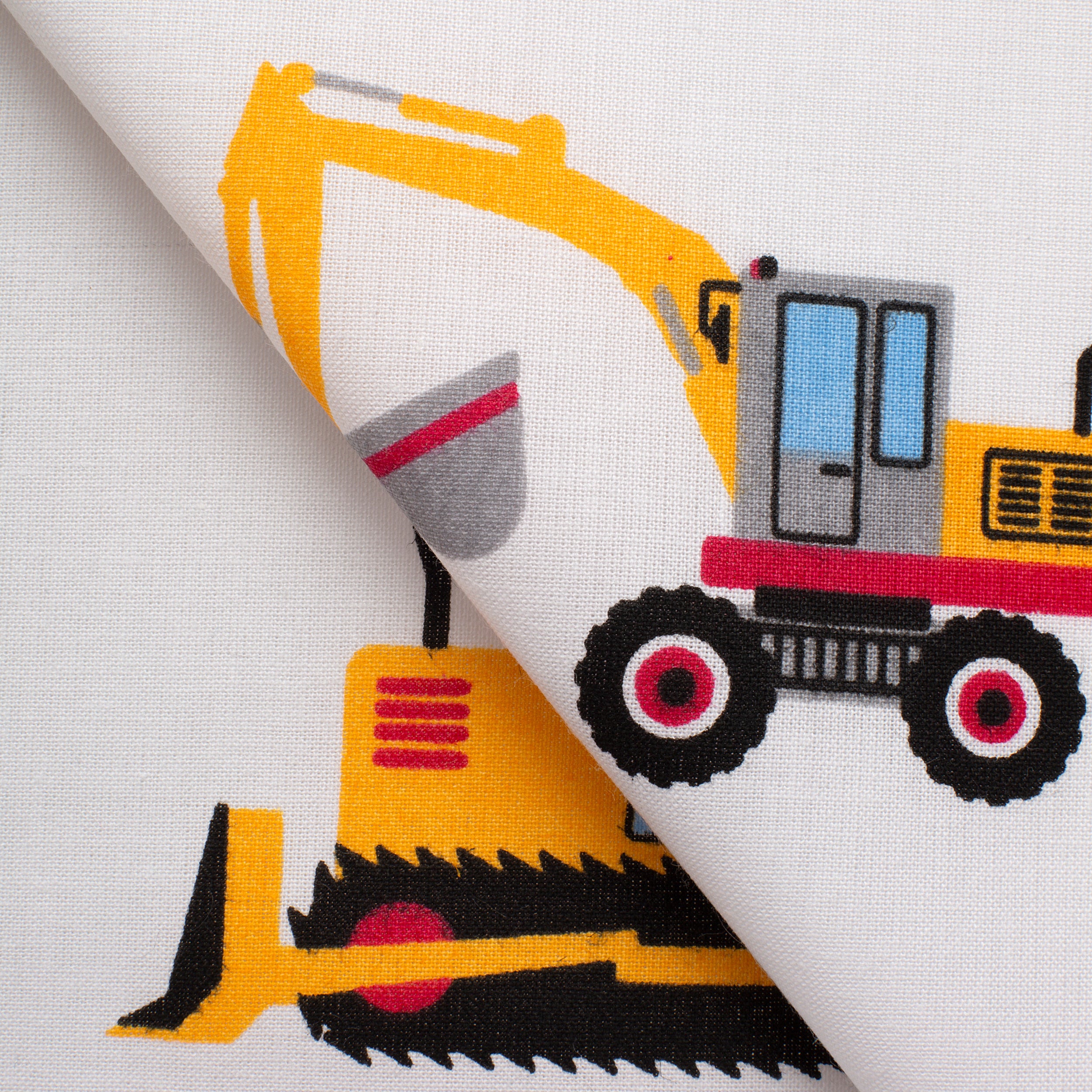 PRINTED COTTON POPLIN FABRIC - CONSTRUCTION MACHINES ON WHITE BACKGROUND - 160 GSM