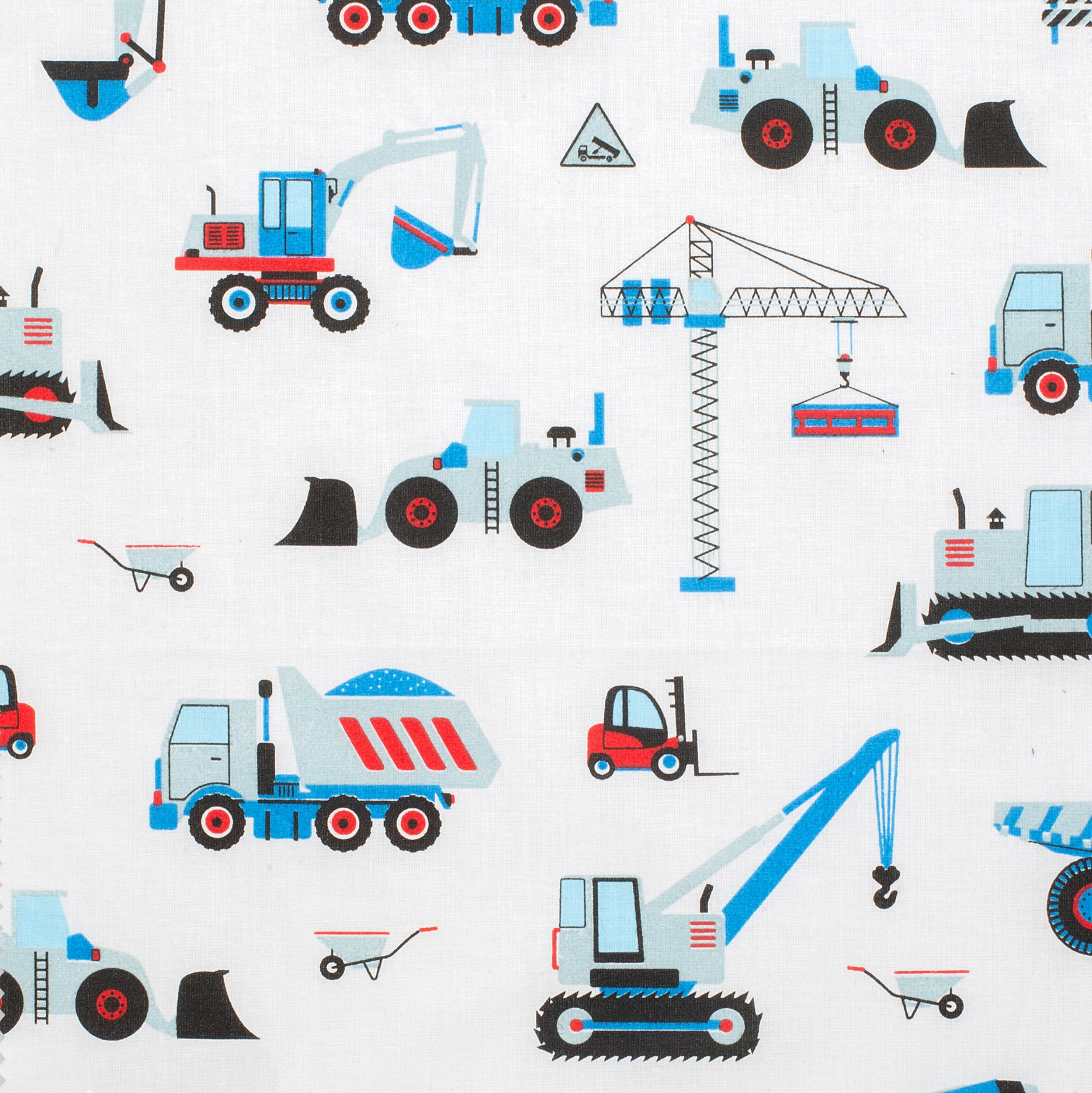 PRINTED COTTON POPLIN FABRIC - CONSTRUCTION MACHINES ON BLUE BACKGROUND - 160 GSM