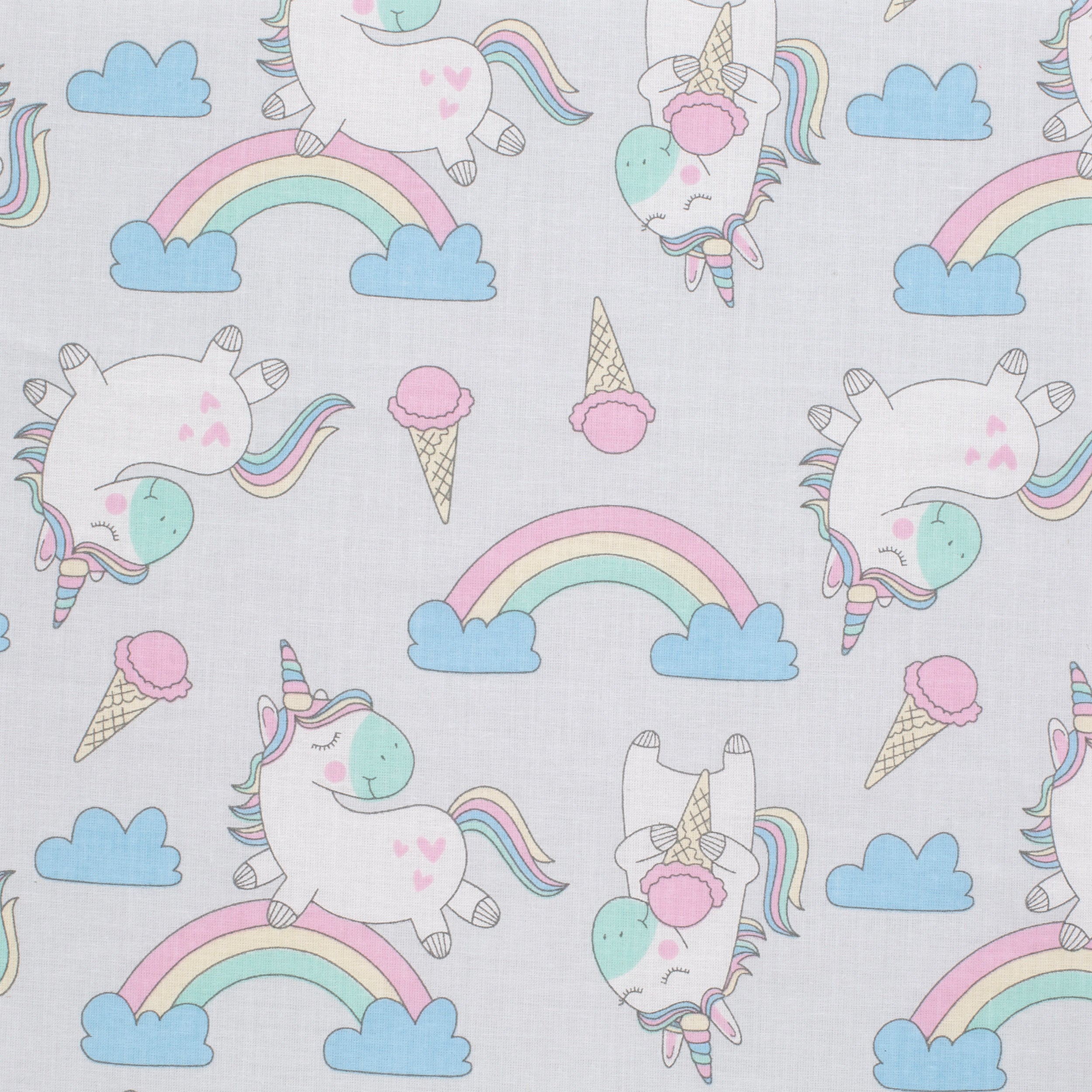 PRINTED COTTON POPLIN FABRIC - UNICORNS AND RAINBOWS ON GREY BACKGROUND - 160 GSM