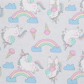 PRINTED COTTON POPLIN FABRIC - UNICORNS AND RAINBOWS ON GREY BACKGROUND - 160 GSM