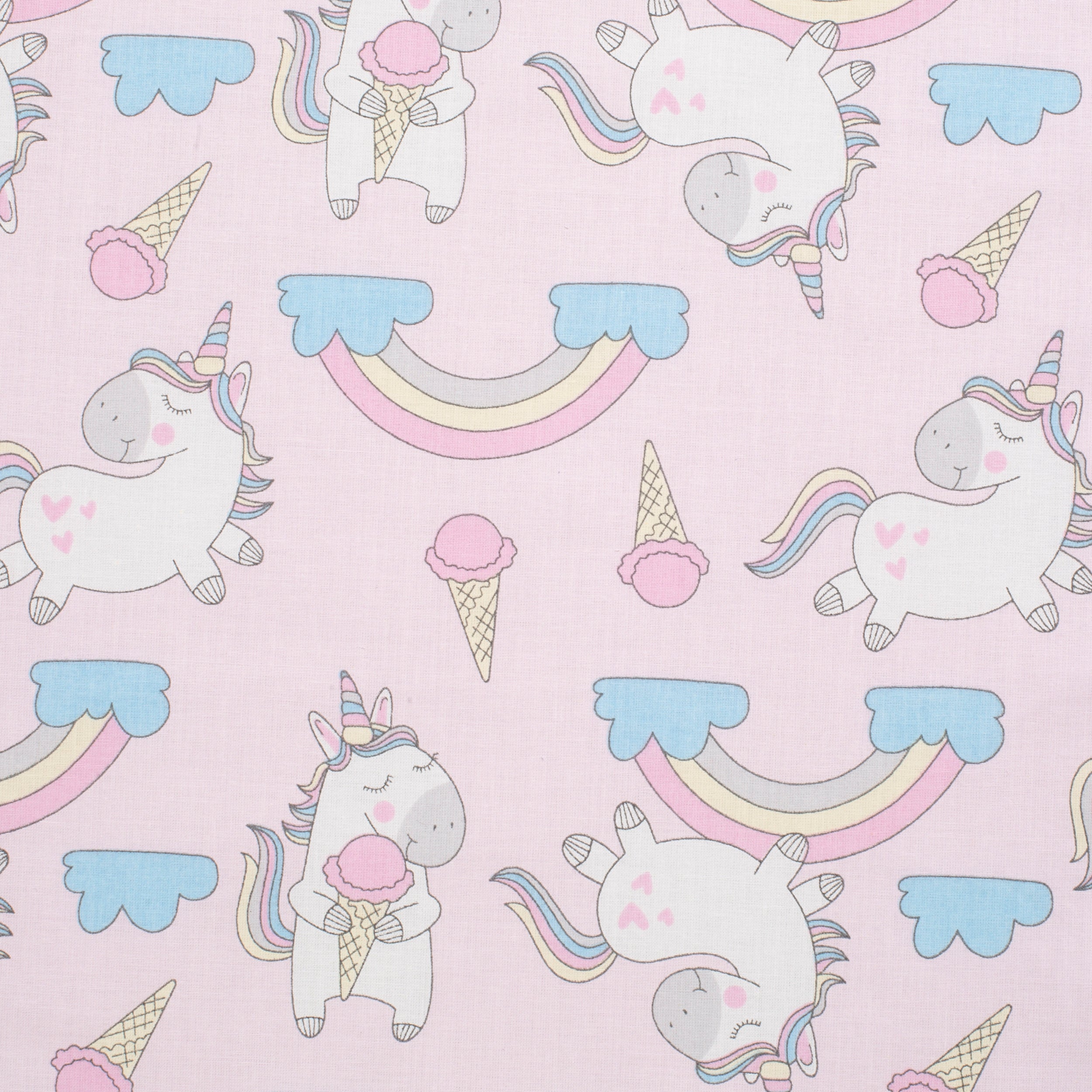 PRINTED COTTON POPLIN FABRIC - UNICORNS AND RAINBOWS ON PINK BACKGROUND - 160 GSM