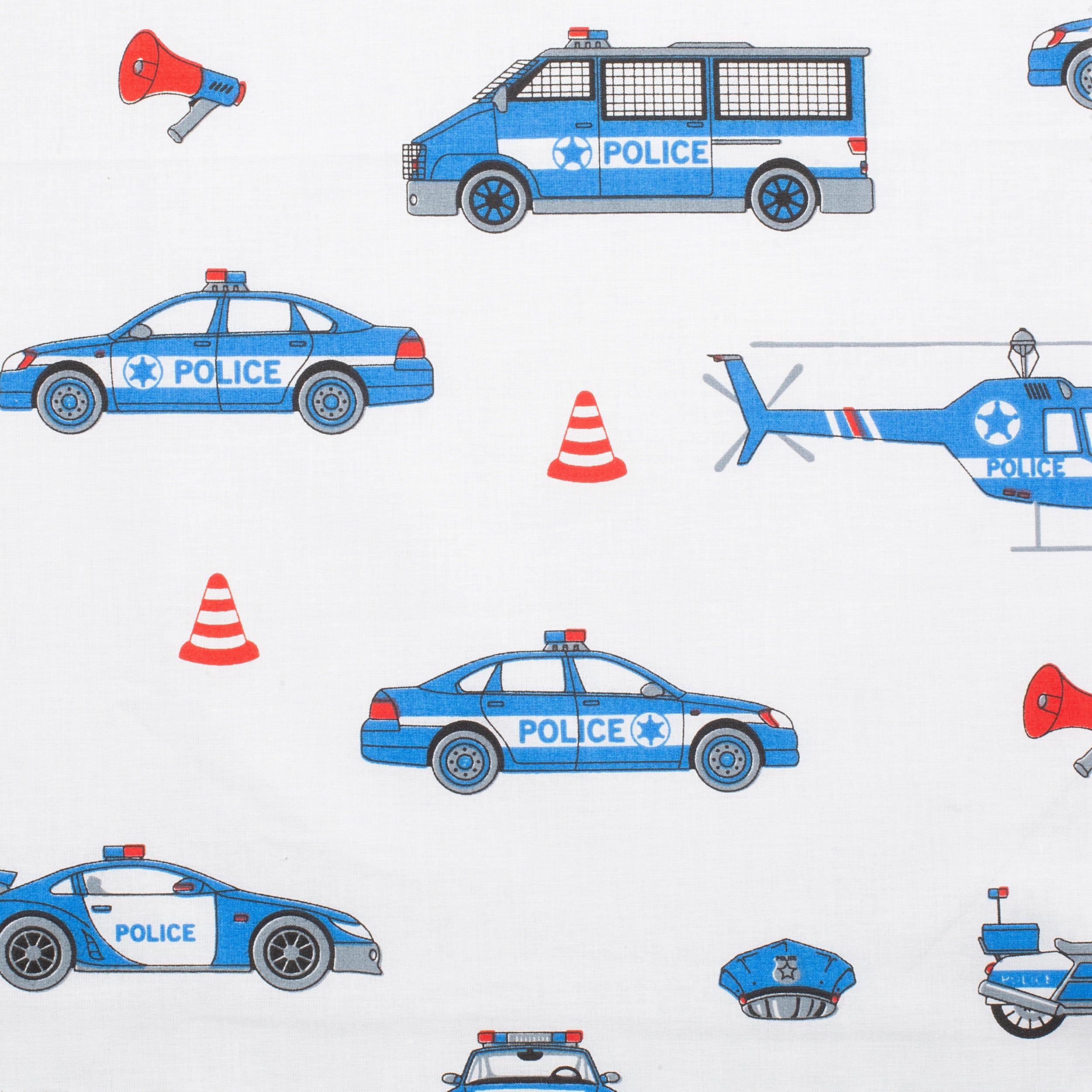 PRINTED COTTON POPLIN FABRIC - POLICE VEHICLES ON WHITE BACKGROUND - 160 GSM
