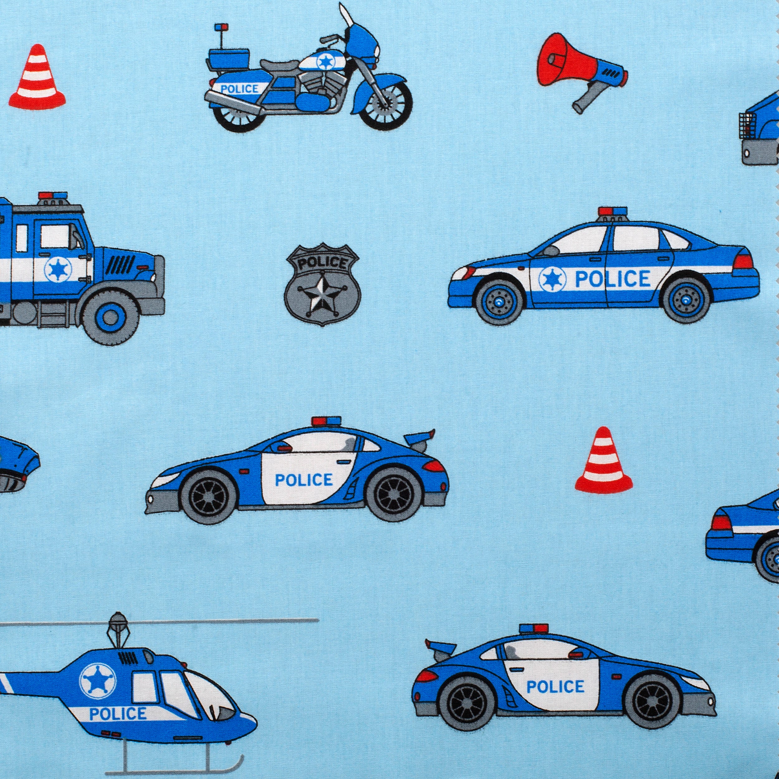 PRINTED COTTON POPLIN FABRIC - POLICE VEHICLES ON BLUE BACKGROUND - 160 GSM