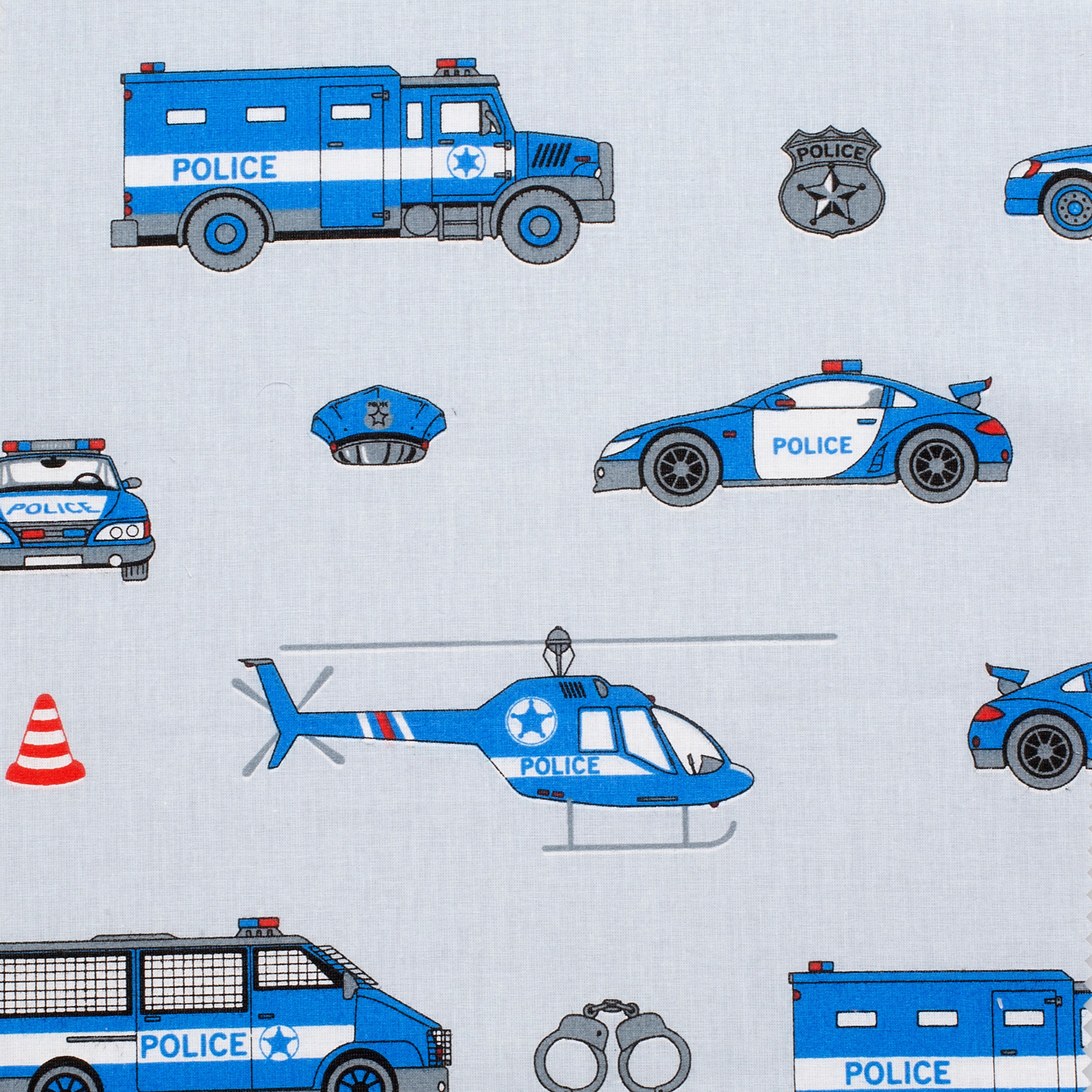 PRINTED COTTON POPLIN FABRIC - POLICE VEHICLES ON GREY BACKGROUND - 160 GSM