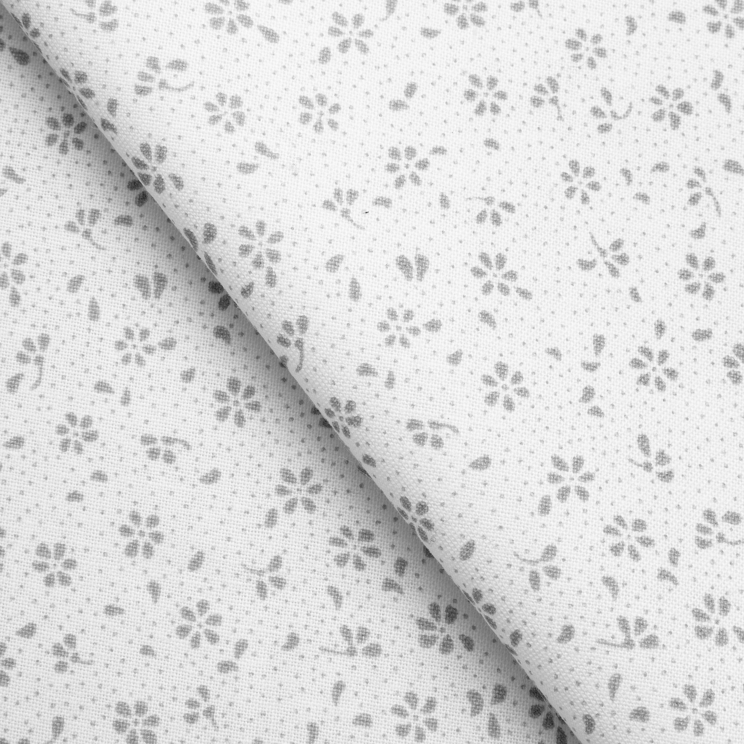 PRINTED COTTON POPLIN FABRIC - SMALL GREY FLOWERS ON WHITE BACKGROUND - 160 GSM