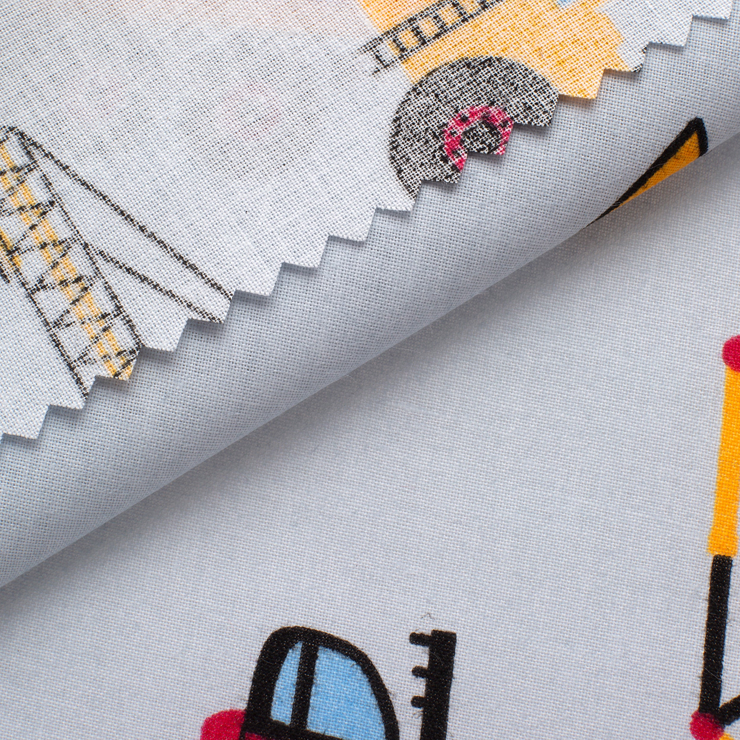PRINTED COTTON POPLIN FABRIC - CONSTRUCTION MACHINES ON GREY BACKGROUND - 160 GSM