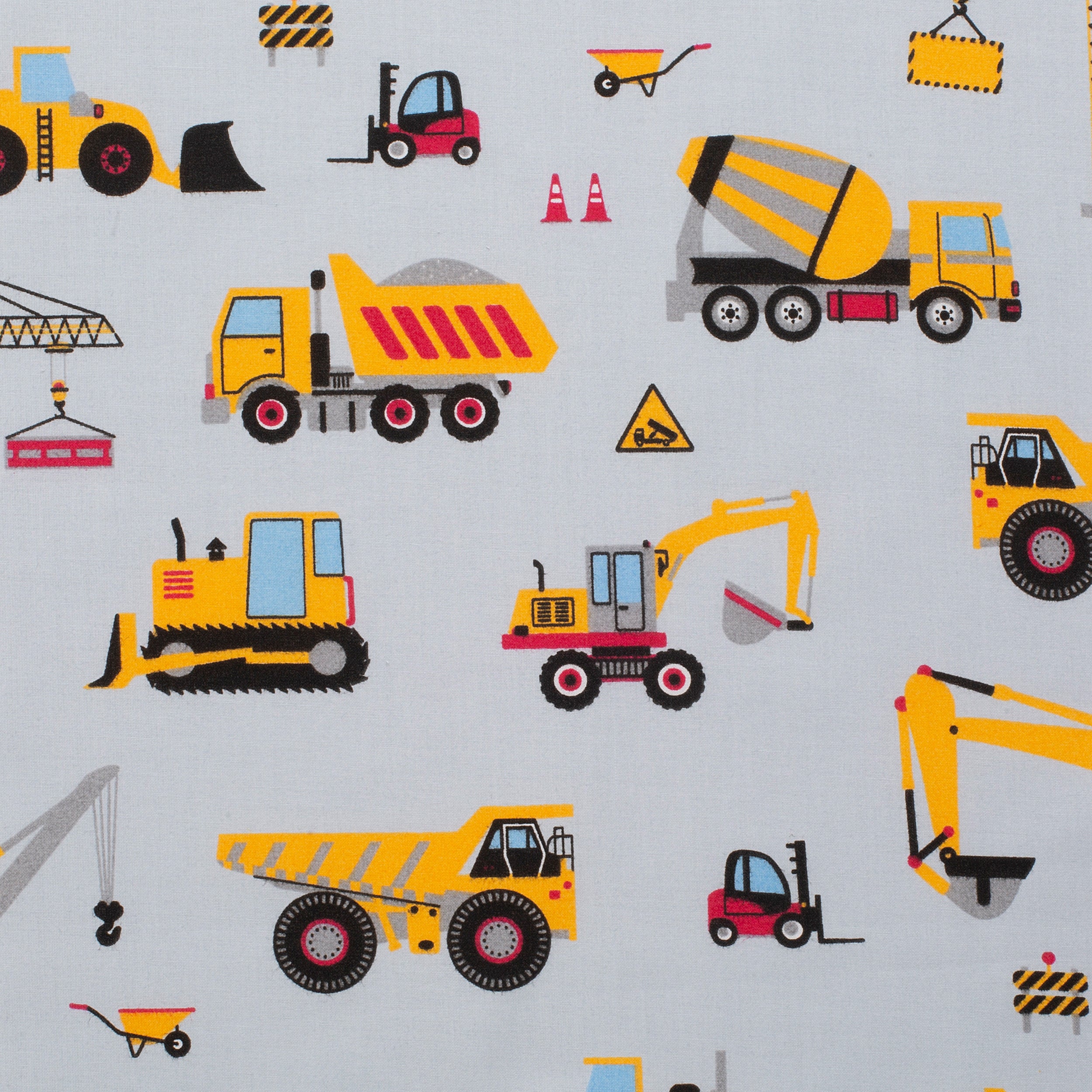 PRINTED COTTON POPLIN FABRIC - CONSTRUCTION MACHINES ON GREY BACKGROUND - 160 GSM
