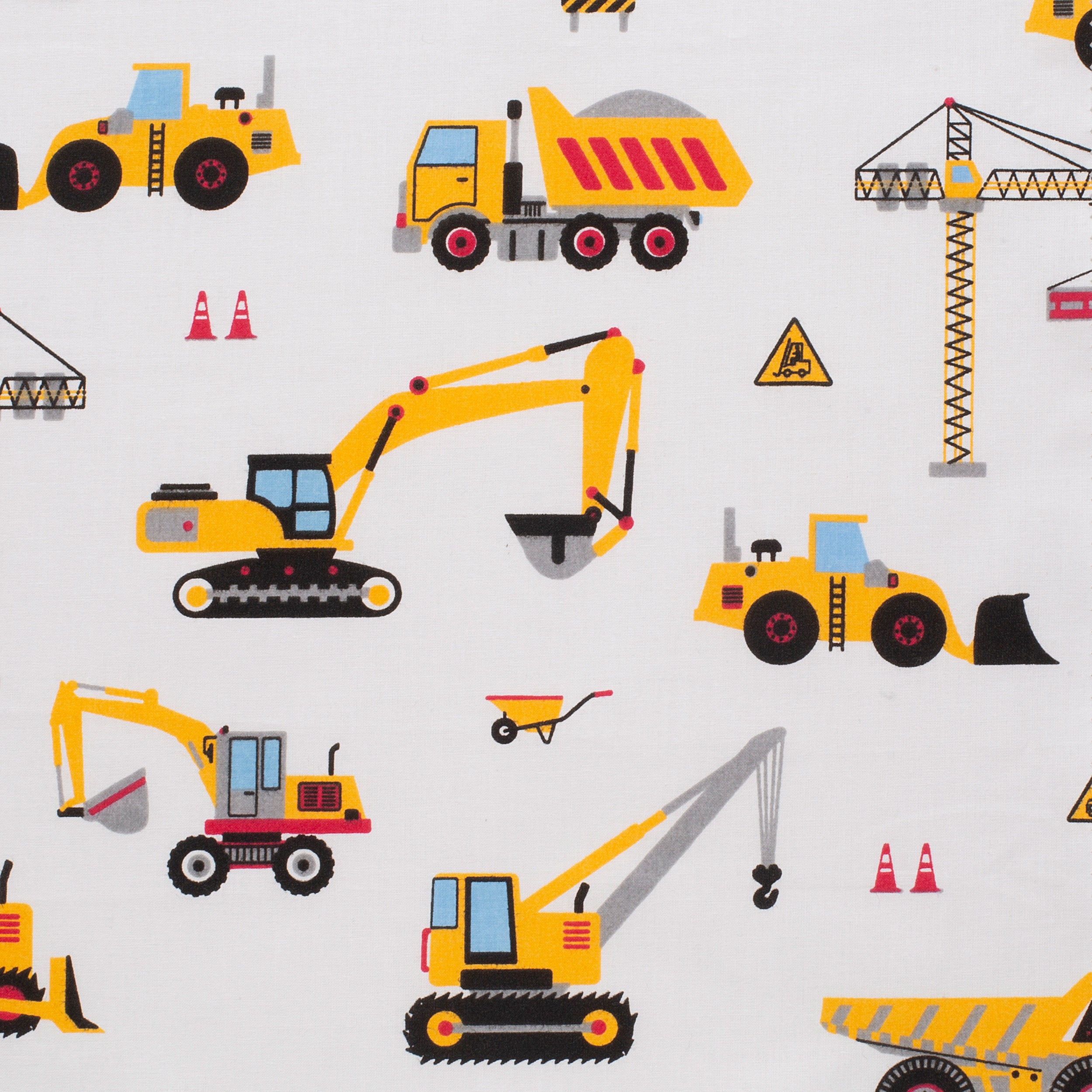 PRINTED COTTON POPLIN FABRIC - CONSTRUCTION MACHINES ON WHITE BACKGROUND - 160 GSM