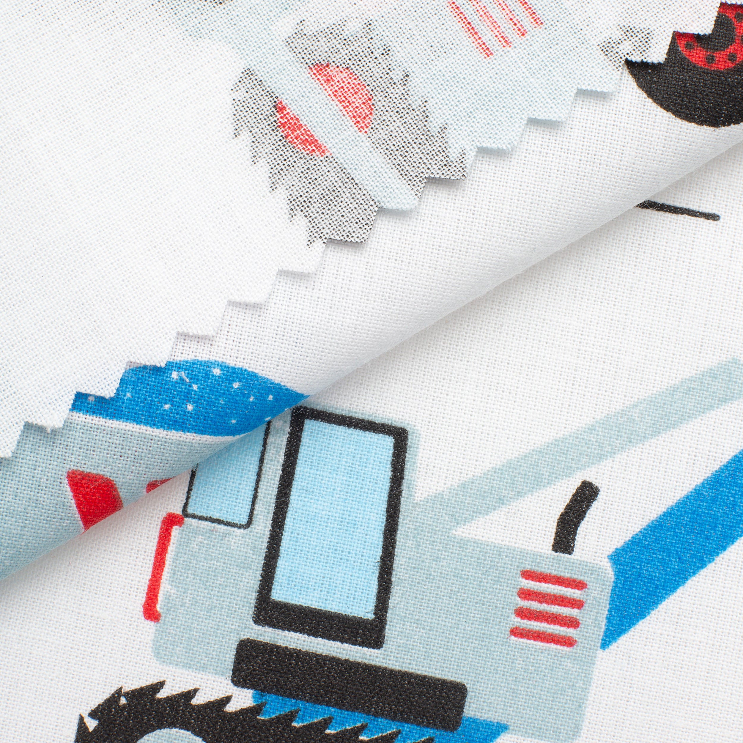 PRINTED COTTON POPLIN FABRIC - CONSTRUCTION MACHINES ON BLUE BACKGROUND - 160 GSM