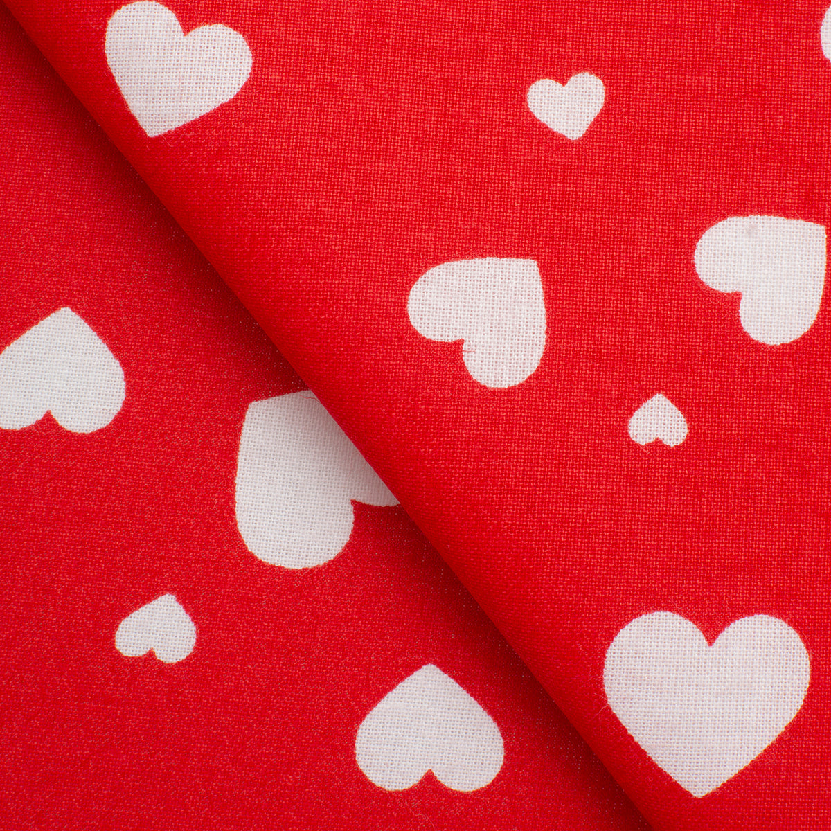 PRINTED COTTON POPLIN FABRIC - WHITE HEARTS ON RED BACKGROUND - 160 GSM