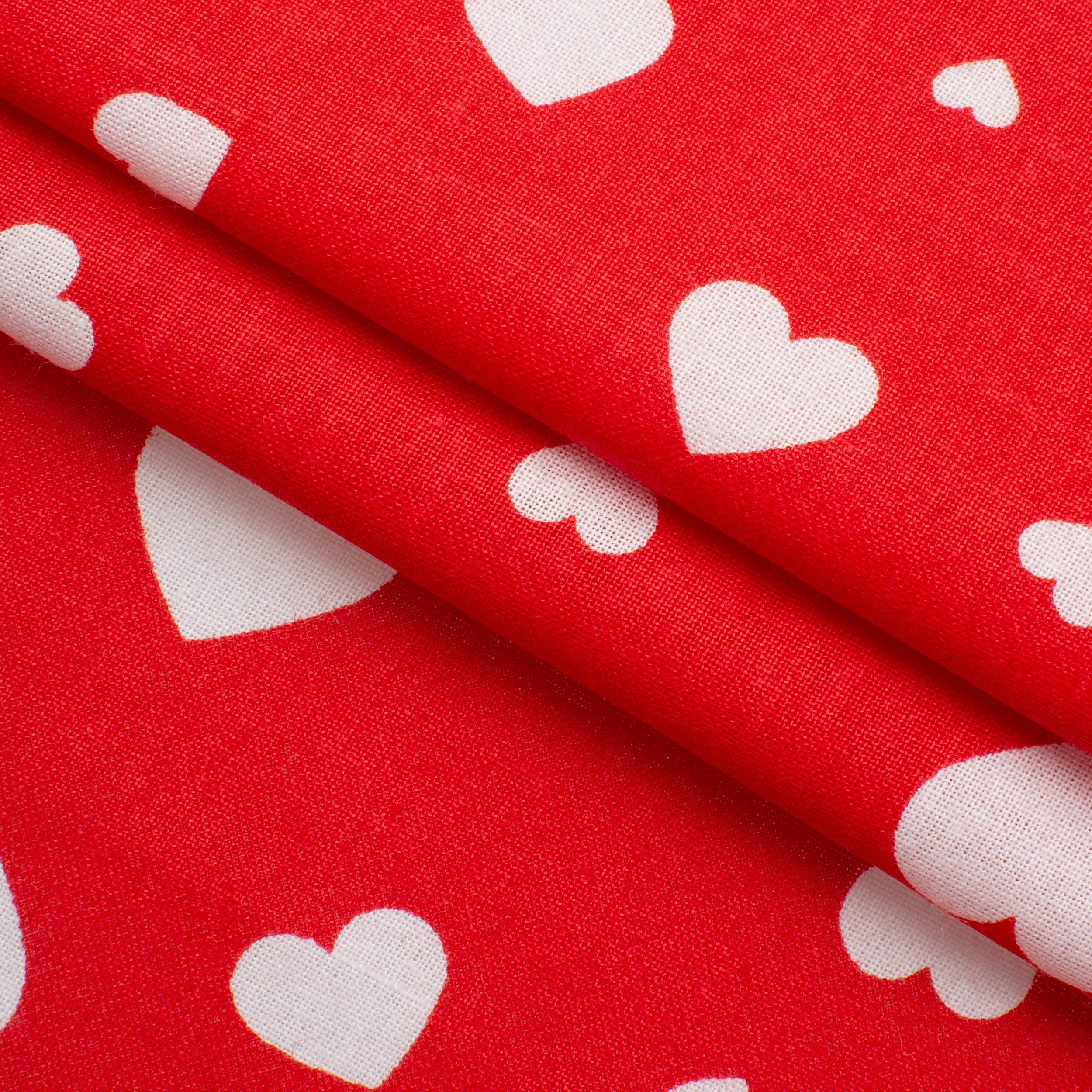 PRINTED COTTON POPLIN FABRIC - WHITE HEARTS ON RED BACKGROUND - 160 GSM