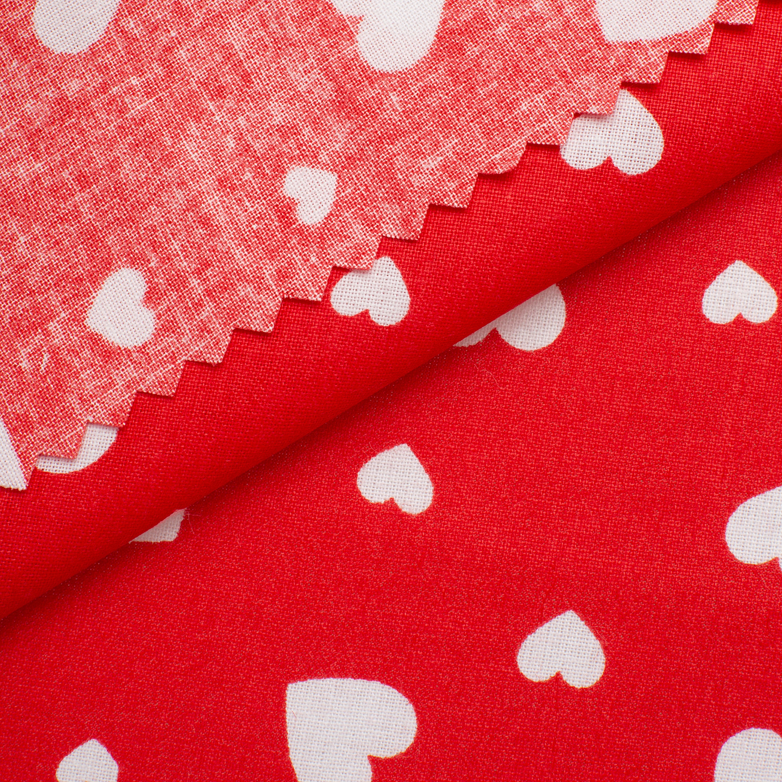 PRINTED COTTON POPLIN FABRIC - WHITE HEARTS ON RED BACKGROUND - 160 GSM