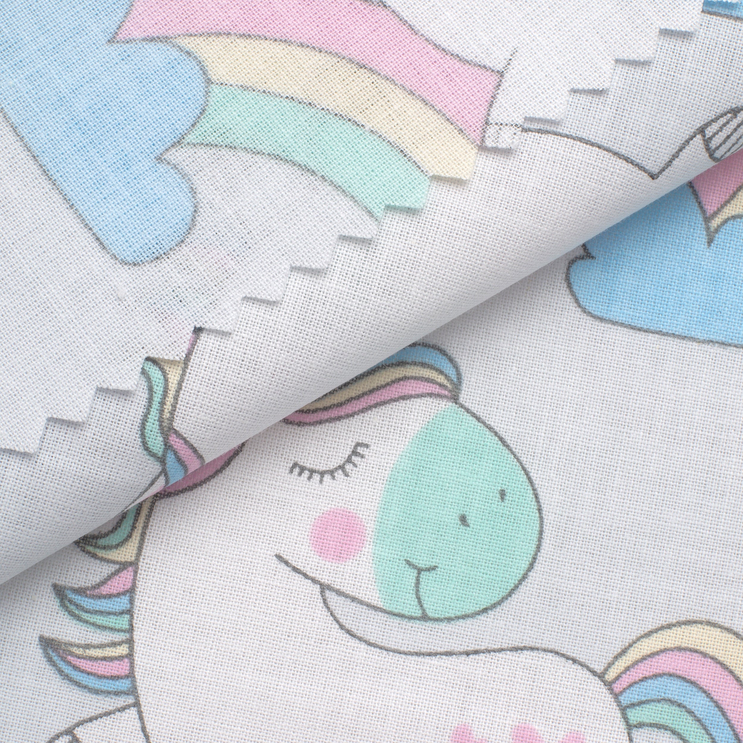 PRINTED COTTON POPLIN FABRIC - UNICORNS AND RAINBOWS ON GREY BACKGROUND - 160 GSM