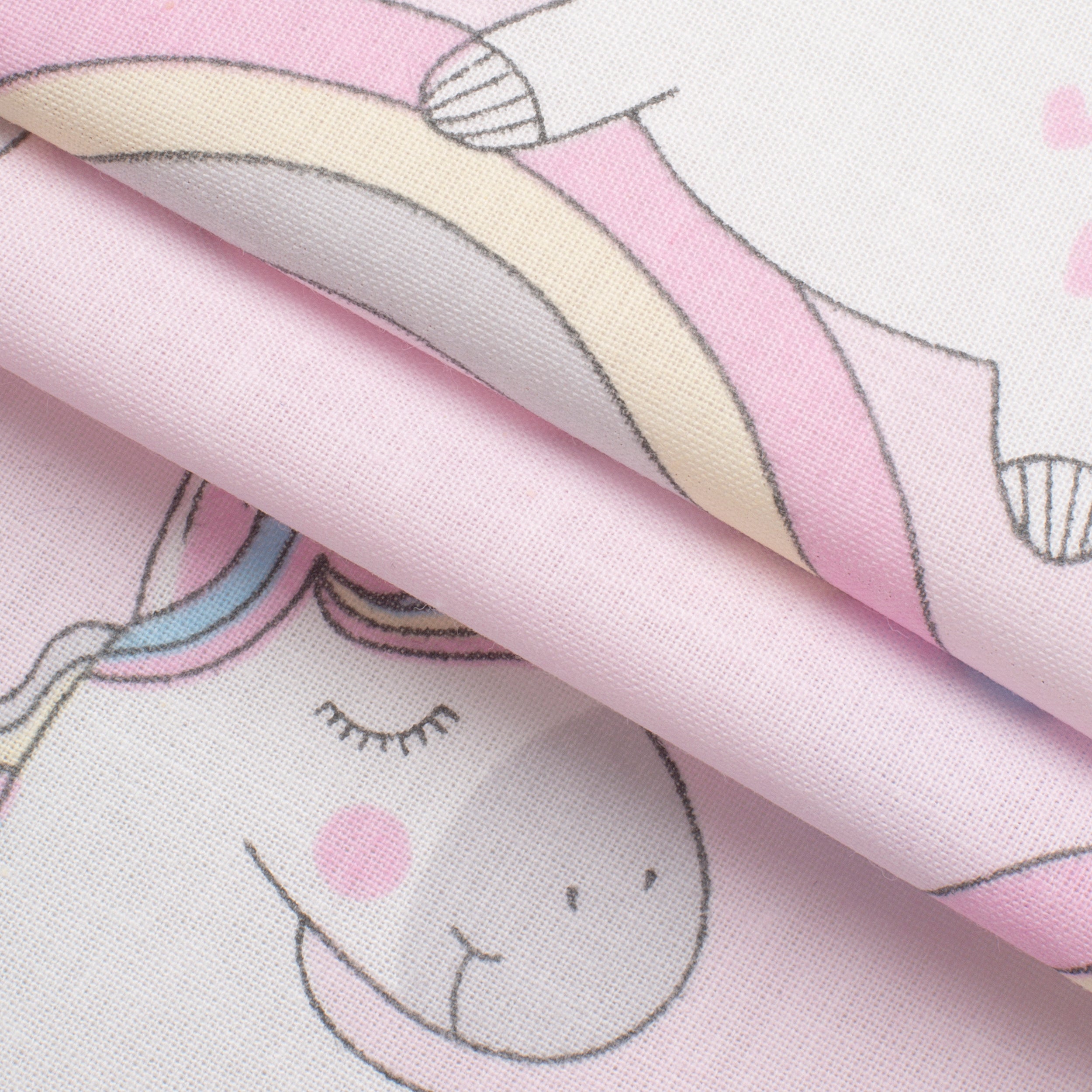 PRINTED COTTON POPLIN FABRIC - UNICORNS AND RAINBOWS ON PINK BACKGROUND - 160 GSM