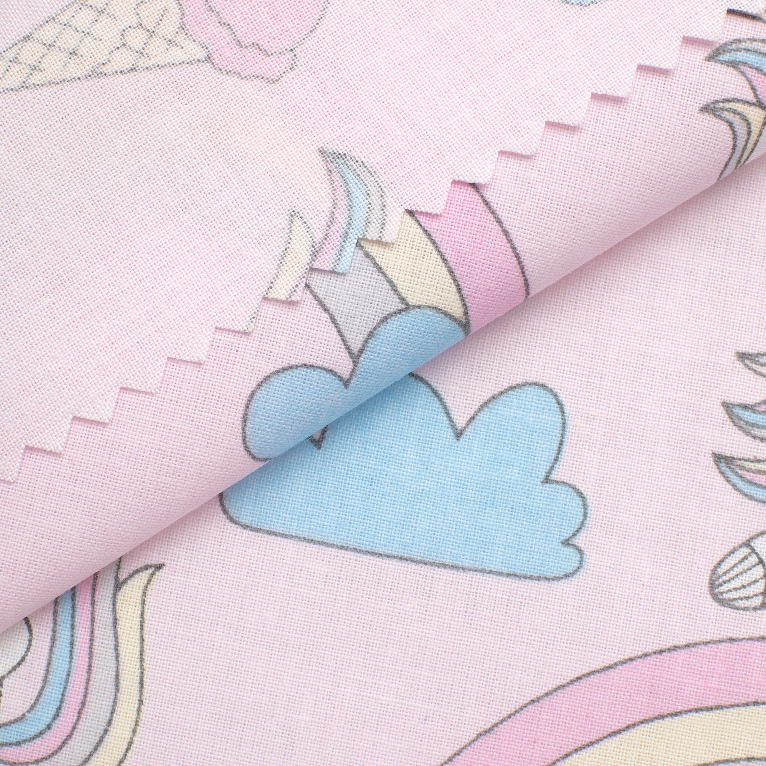 PRINTED COTTON POPLIN FABRIC - UNICORNS AND RAINBOWS ON PINK BACKGROUND - 160 GSM
