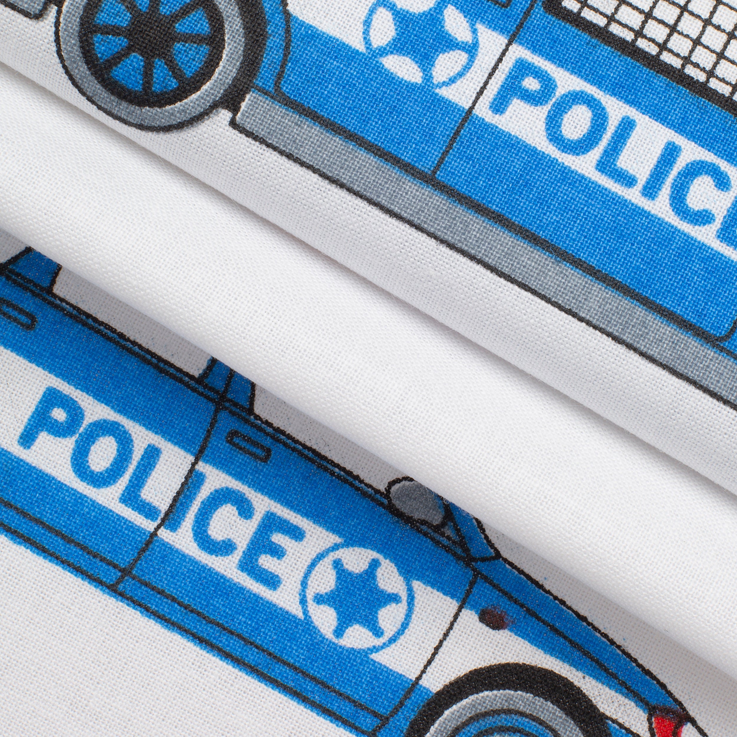 PRINTED COTTON POPLIN FABRIC - POLICE VEHICLES ON WHITE BACKGROUND - 160 GSM