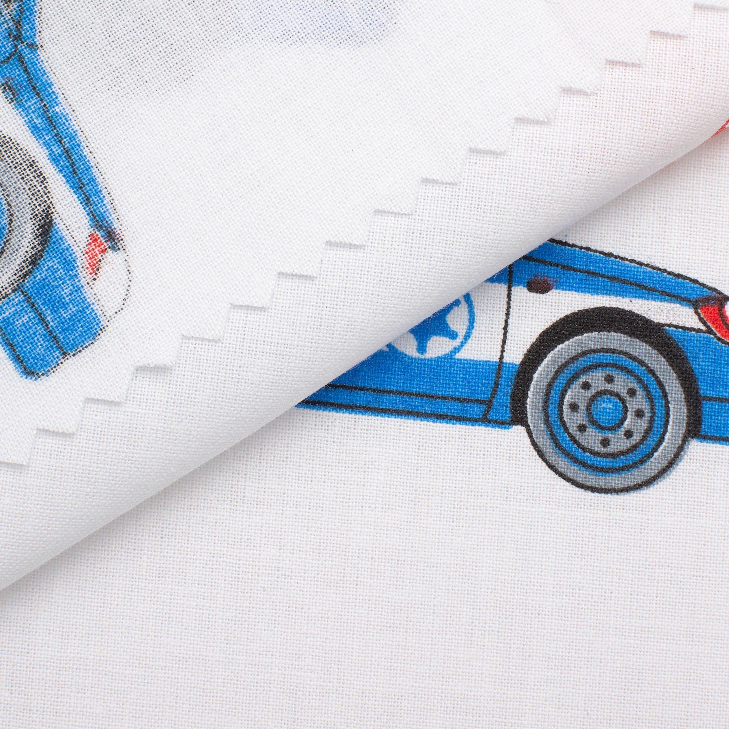 PRINTED COTTON POPLIN FABRIC - POLICE VEHICLES ON WHITE BACKGROUND - 160 GSM
