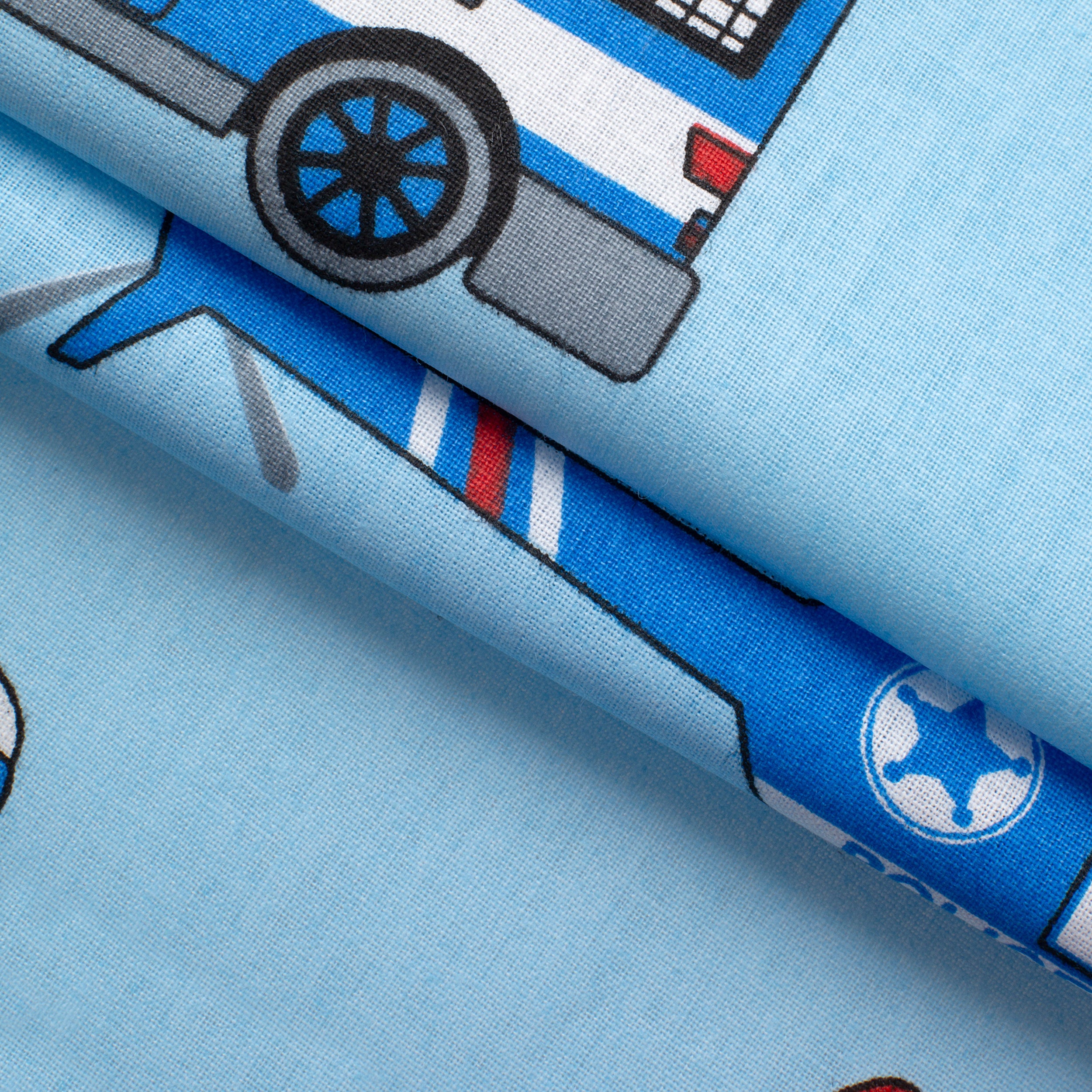PRINTED COTTON POPLIN FABRIC - POLICE VEHICLES ON BLUE BACKGROUND - 160 GSM