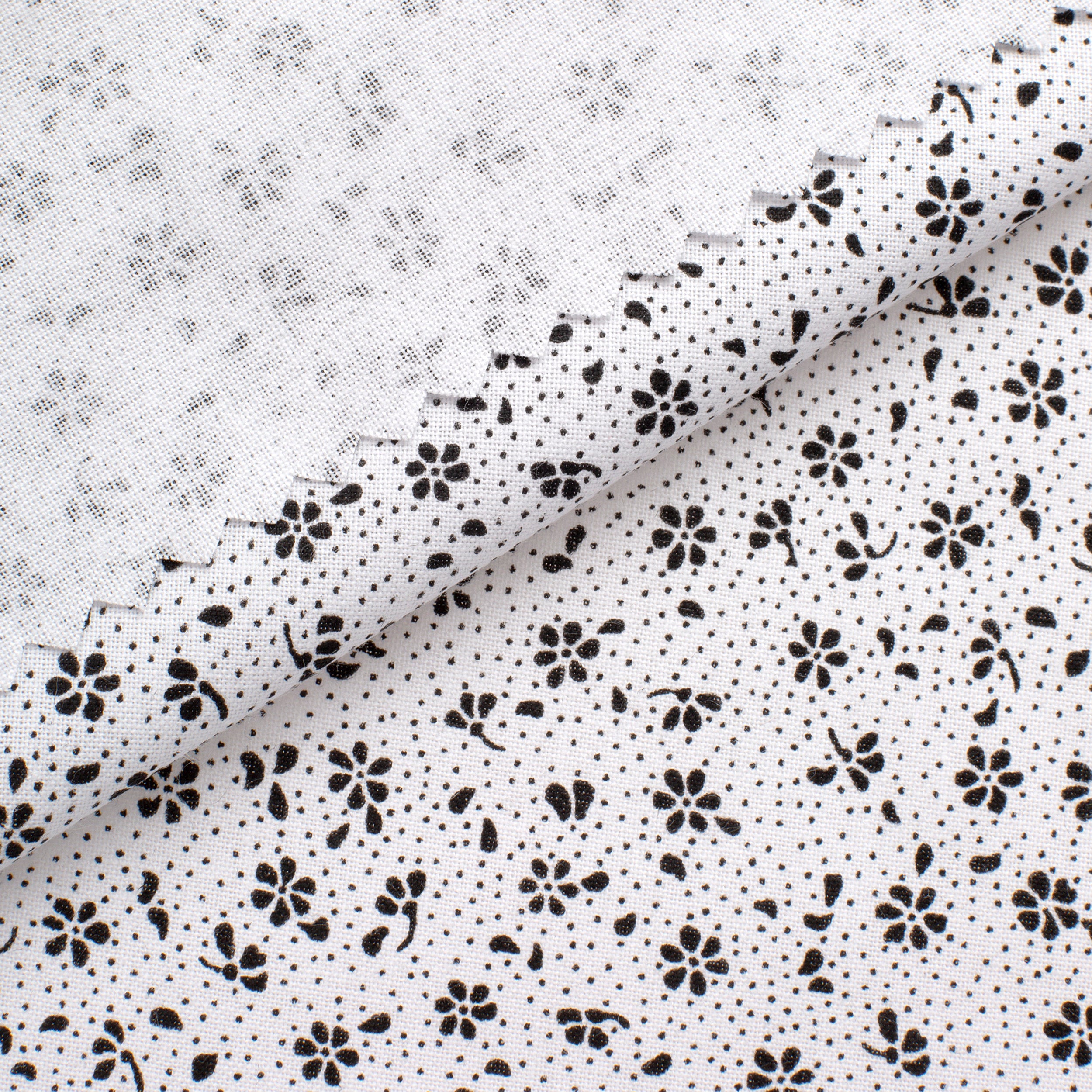 PRINTED COTTON POPLIN FABRIC - SMALL BLACK FLOWERS ON WHITE BACKGROUND - 160 GSM
