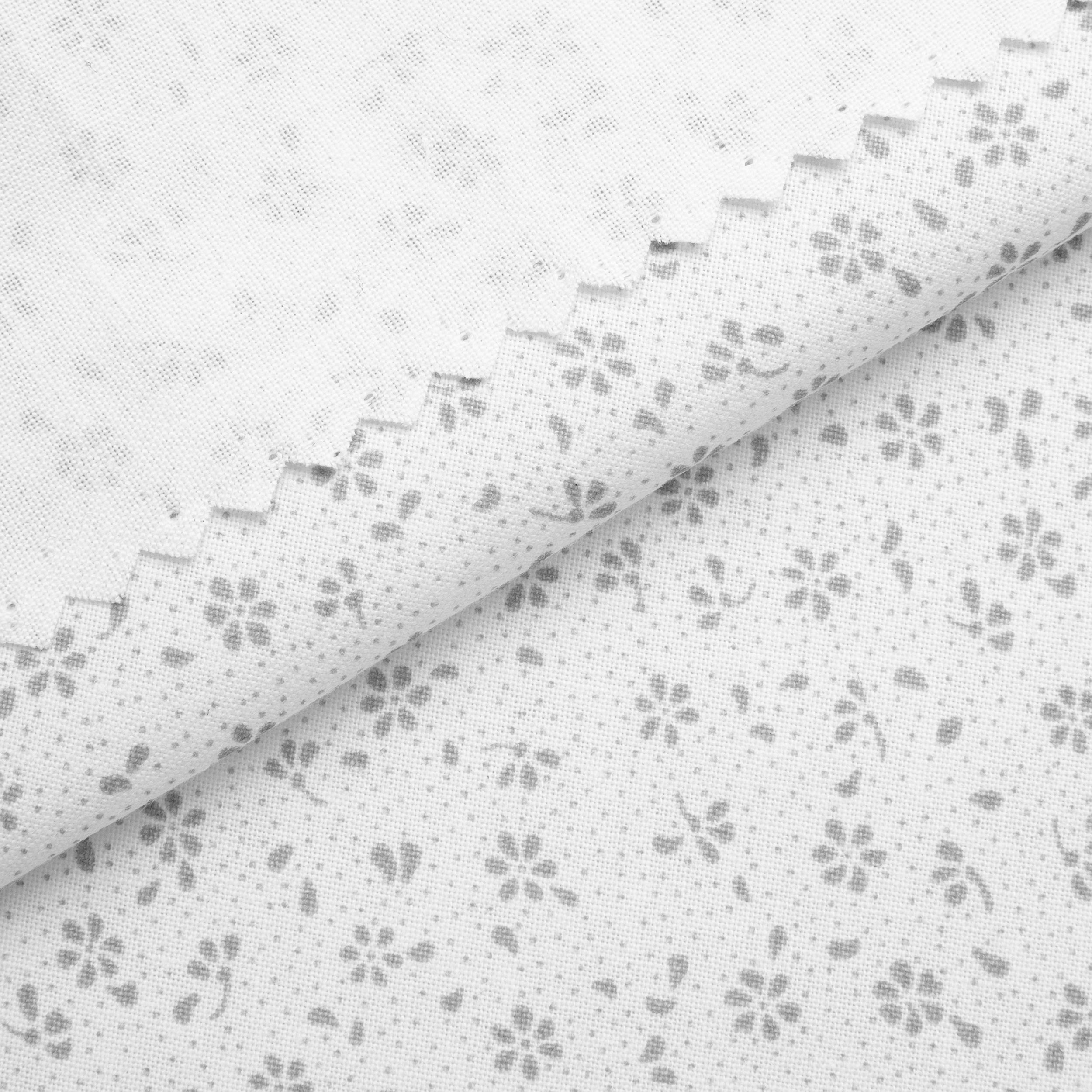 PRINTED COTTON POPLIN FABRIC - SMALL GREY FLOWERS ON WHITE BACKGROUND - 160 GSM