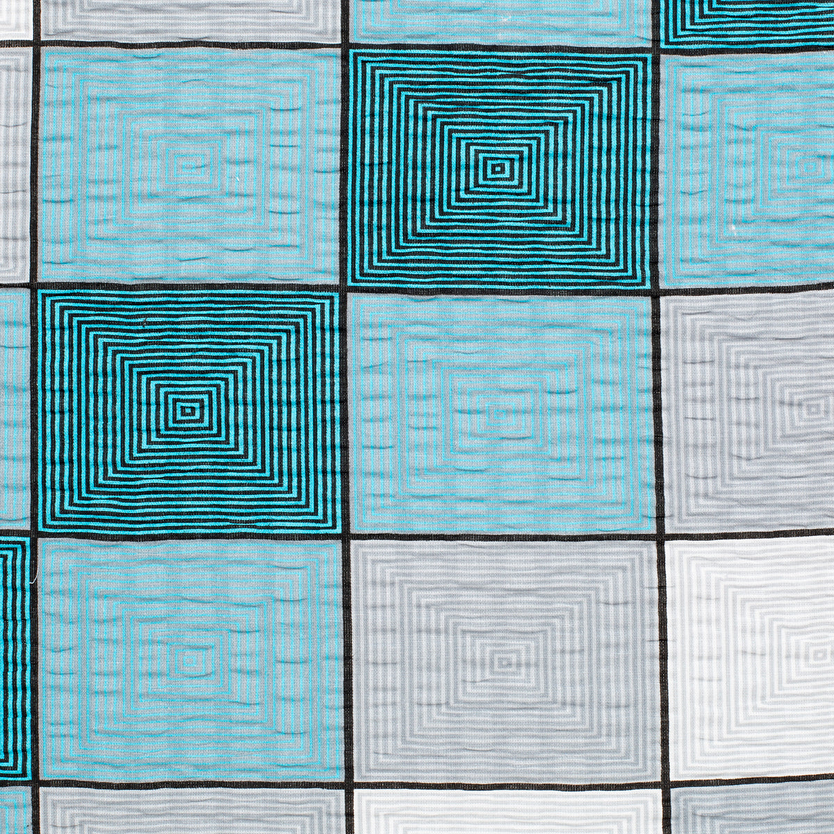 4.2 OZ COTTON POPLIN - PRINTED - TURQUOISE/GREY/WHITE SQUARES