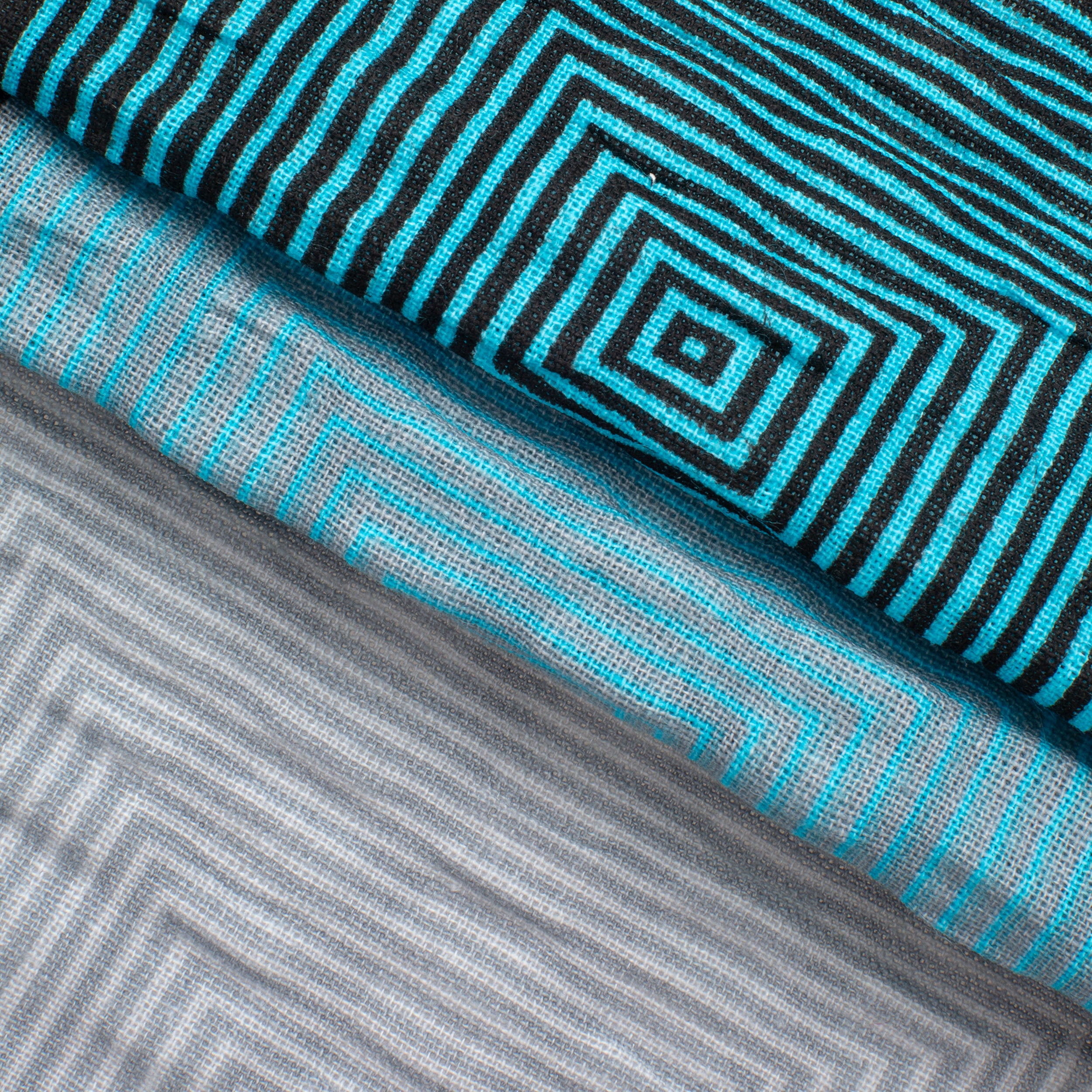 PRINTED COTTON POPLIN FABRIC - TURQUOISE GREY AND WHITE GEOMETRIC PRINT - 160 GSM