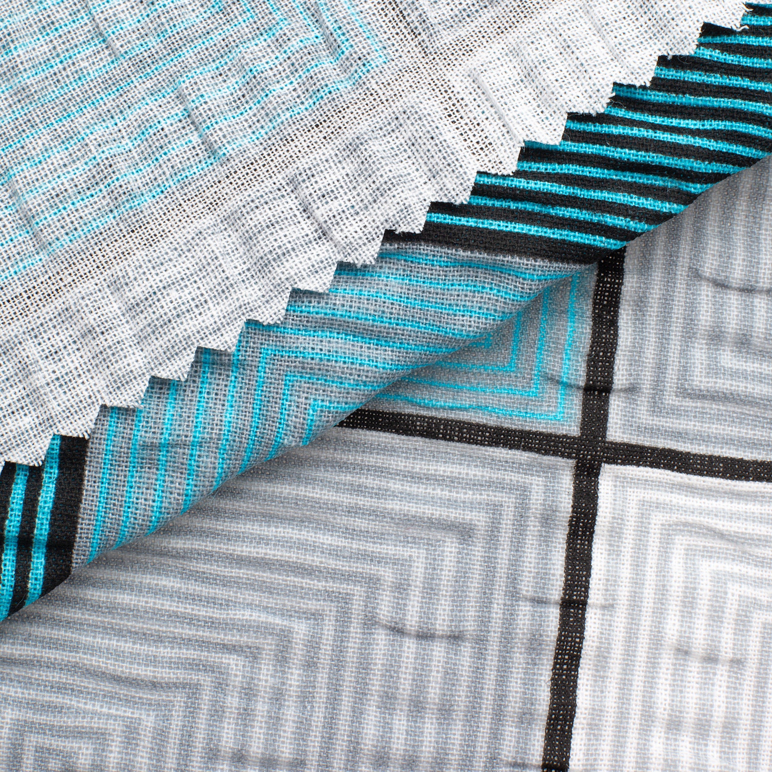 PRINTED COTTON POPLIN FABRIC - TURQUOISE GREY AND WHITE GEOMETRIC PRINT - 160 GSM